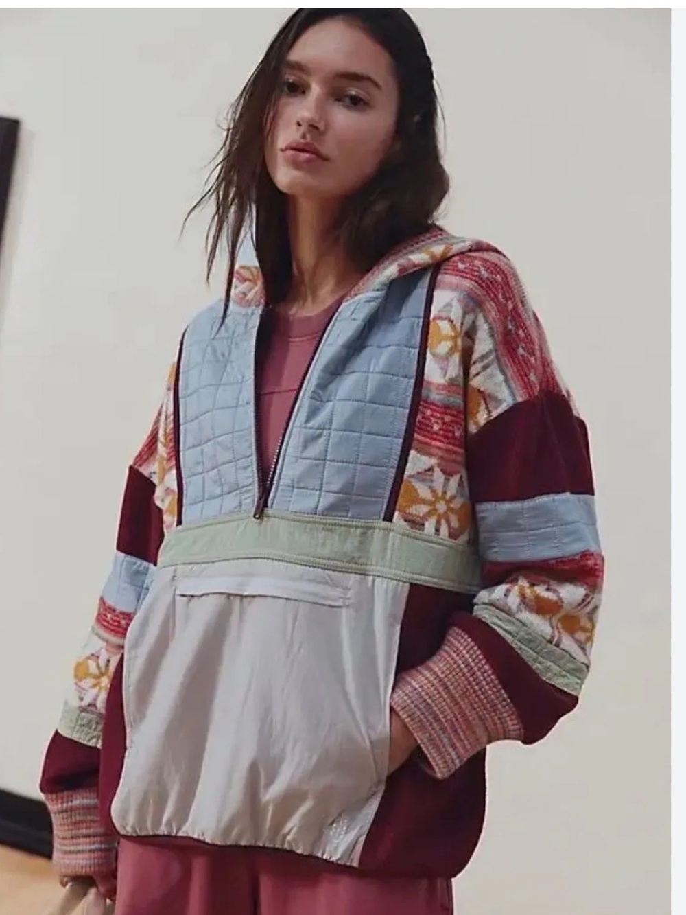 86ZZ.New Free People Sample Quilted Patchwork Pullover Hoodie in Burgundy,